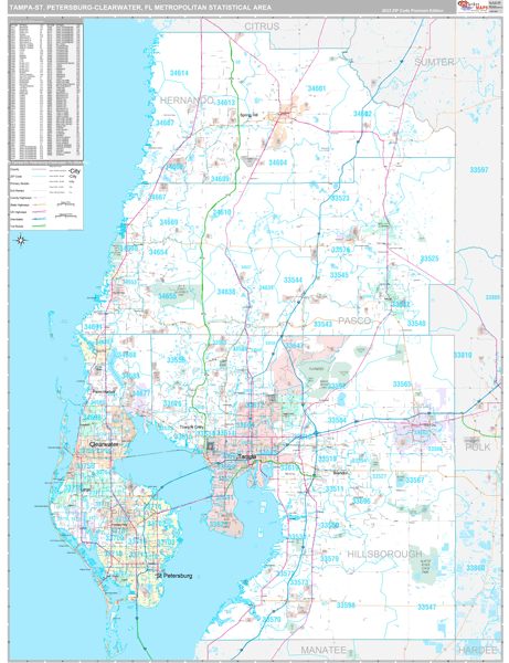 Tampa-St Petersburg-Clearwater Metro Area Wall Map Premium Style